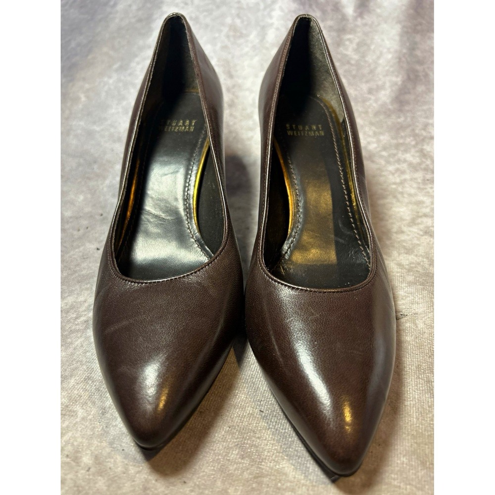 Stuart Weitzman Women's 8.5 Brown Leather Pointed Toe Pumps Heels 3.25" Spain